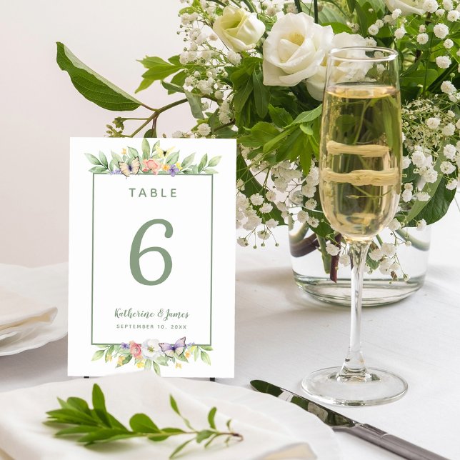 Tarjeta De Mesa Bodas de Mariposas Florales Acuarela Verde Salvia (Watercolor Floral Butterflies Wedding Sage Green Table Number)