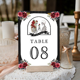 Tarjeta De Mesa Bodas de Pareja de Esqueleto Gótico con Rosas Roja