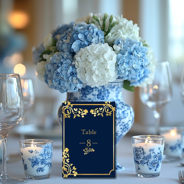 Tarjeta De Mesa Bodas de Rosas de Oro y Azul Marino (Subido por el creador)