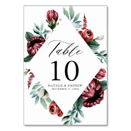Tarjeta De Mesa Bodas de Rosas Rojas Acuarela y Marco Floral Púrpu