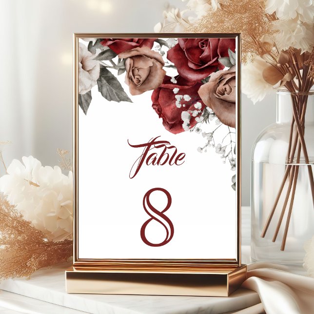Tarjeta De Mesa Bodas Florales de Rosas Rojas de Borgoña (Subido por el creador)