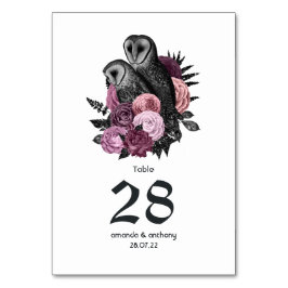 Tarjeta De Mesa Bodas Góticas de Búhos Florales Malva