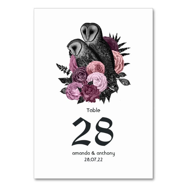 Tarjeta De Mesa Bodas Góticas de Búhos Florales Malva (Anverso)