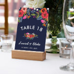 Tarjeta De Mesa Bohemian Bouquet - Navy Blue Wedding<br><div class="desc">Navy blue table card with colorful bohemian flower arrangements combined with modern white fonts. Add your names and wedding date beneath the orange and pink hand-drawn flower bouquet.</div>
