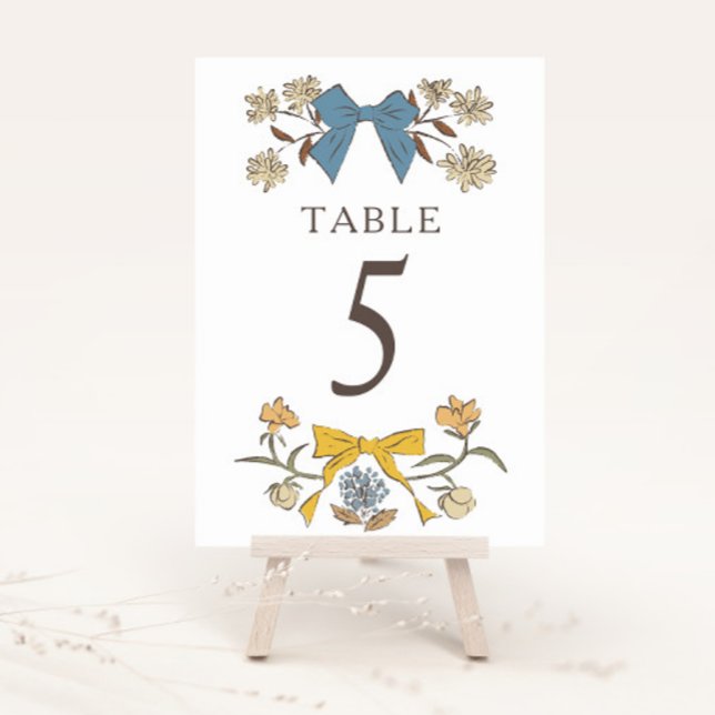 Tarjeta De Mesa Boho amarillo azul bows número de tabla Boda (Subido por el creador)