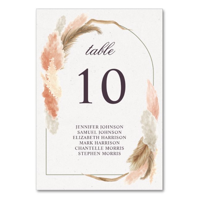 Tarjeta De Mesa Boho arch pampas pasto boda moderno (Anverso)