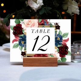 Tarjeta De Mesa Boho Bloom | Borgoña Rojo y Corona Azul de la Mari