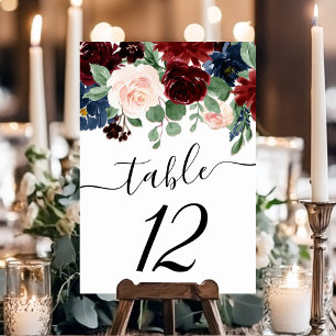 Tarjeta De Mesa Boho Bloom   Garland azul marino y rojo borgoñés