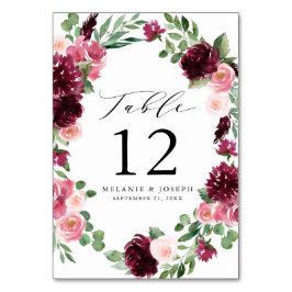 Tarjeta De Mesa Boho Burgundy y Rubor Watercolor Floral Boda