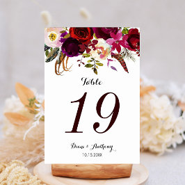 Tarjeta De Mesa Boho Floral Burgundy Boda Número de tabla