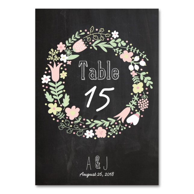 Tarjeta De Mesa Boho Flower Wreath Rustic Chalkboard Boda (Anverso)