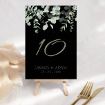 Tarjeta De Mesa Boho Greenery Black Eucalyptus Boda<br><div class="desc">Número de tabla del Boda Boho Greenery Black Eucalyptus. El elegante número de mesa boda de sus huéspedes bodas impresiona con elegancia gracias a sus hermosas hojas de eucalipto verde sobre un impresionante fondo negro. Este número de mesa boda tiene un bonito diseño folclórico verde, con vibraciones botánicas y rústicas,...</div>