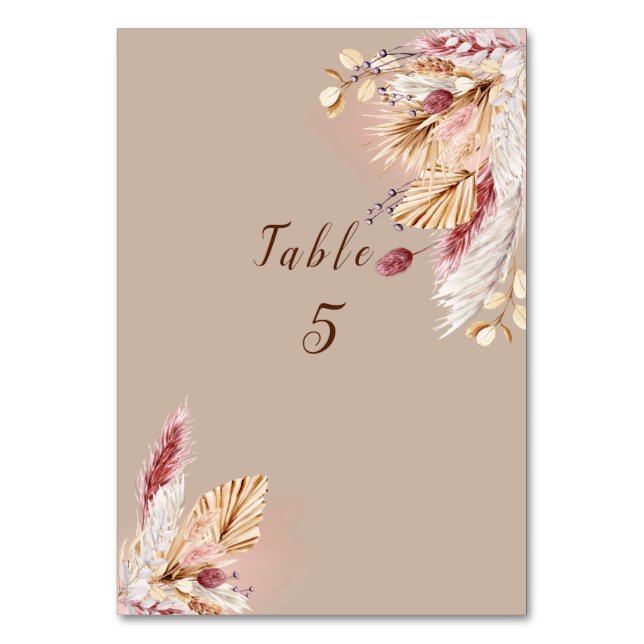 Tarjeta De Mesa Boho hierba de Pampas hojas palma fronda (Anverso)