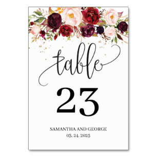 Tarjeta De Mesa Boho marsala boda de oro floral rosa