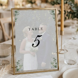 Tarjeta De Mesa Boho Moderno Hojas de Eucalipto y Foto de Boda