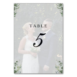 Tarjeta De Mesa Boho Moderno Hojas de Eucalipto y Foto de Boda