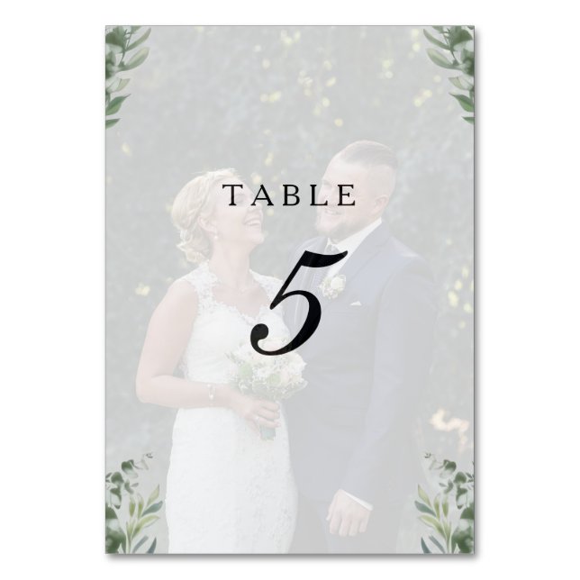 Tarjeta De Mesa Boho Moderno Hojas de Eucalipto y Foto de Boda (Anverso)
