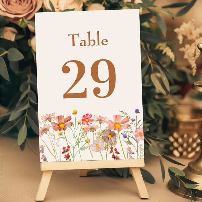 Tarjeta De Mesa Boho moderno matrimonio floral rústico de otoño (Modern boho rustic floral fall wedding beige cream terracotta table number Watercolor wildflowers)
