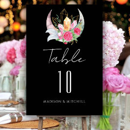 Tarjeta De Mesa Boho Moon Crystals Feathers Pink Flowers Boda