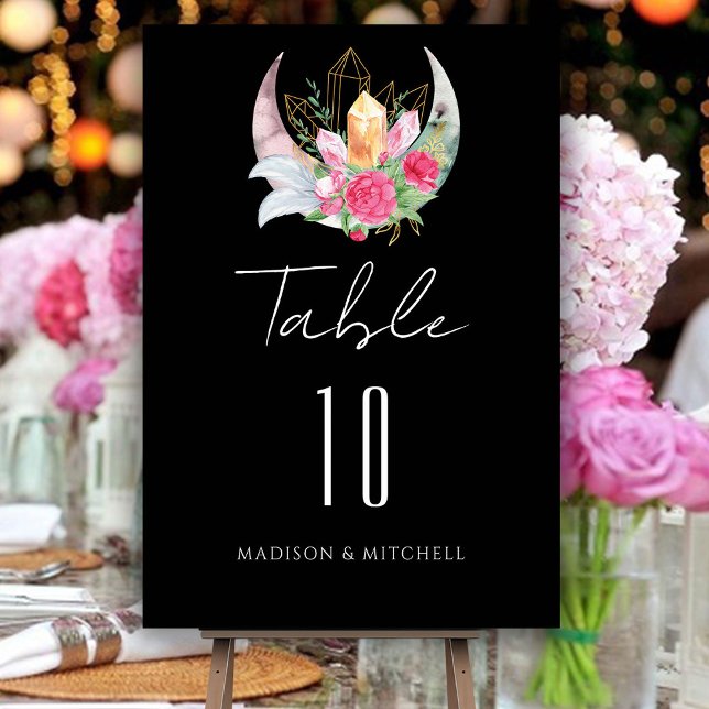 Tarjeta De Mesa Boho Moon Crystals Feathers Pink Flowers Boda (Subido por el creador)