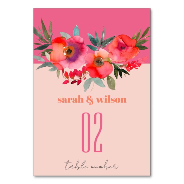 Tarjeta De Mesa Boho Naranja rosa caliente acuarela Boda floral (Anverso)