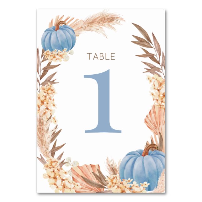 Tarjeta De Mesa Boho Pampas blue Pumpkin Table number (Anverso)