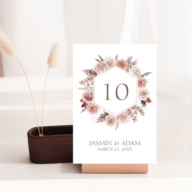 Tarjeta De Mesa Boho Pampas Boda Floral Neutral (Boho Dusty Pink Dried Flowers Wreath Wedding Table Number)