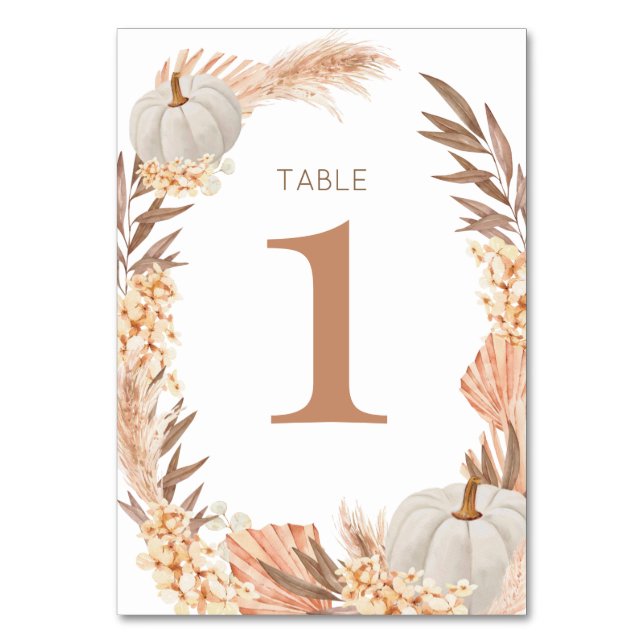 Tarjeta De Mesa Boho Pampas white Pumpkin Table number (Anverso)