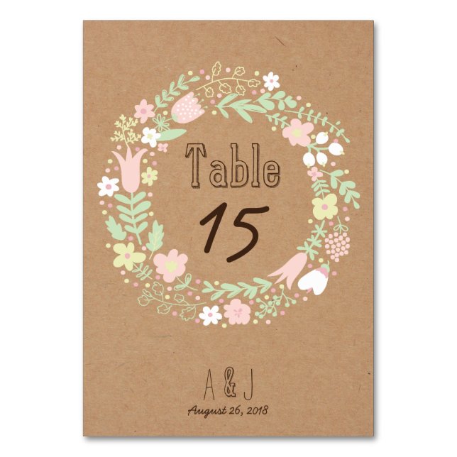 Tarjeta De Mesa Boho Pastel Floral Wreath Rústico Boda (Anverso)