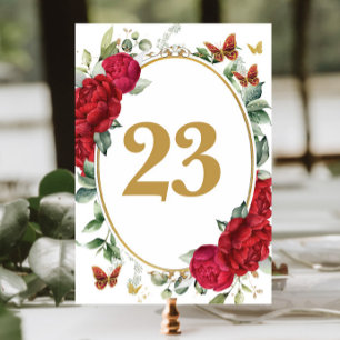 Tarjeta De Mesa Boho Red Peonies Floral Gold Butterflies Cumpleaño