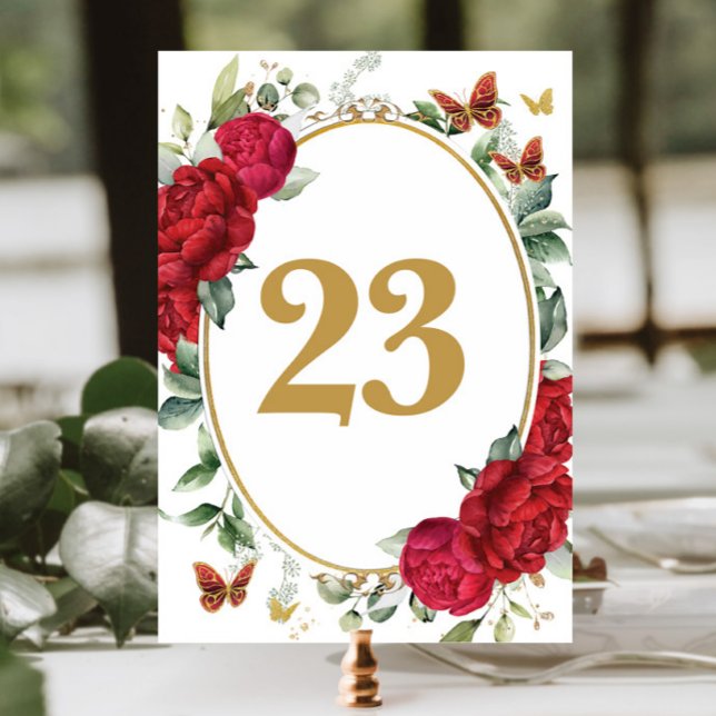 Tarjeta De Mesa Boho Red Peonies Floral Gold Butterflies Cumpleaño (Subido por el creador)