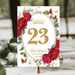 Tarjeta De Mesa Boho Red Peonies Mariposas Florales Quinceanera