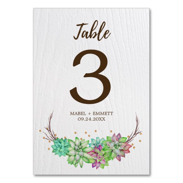 Tarjeta De Mesa Boho Rústico Floral Suculento Número de Tabla (Anverso)