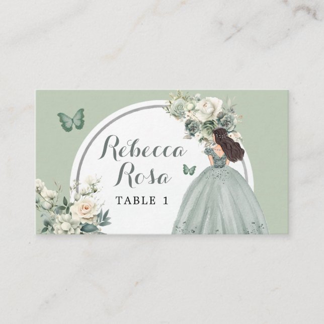 Tarjeta De Mesa Boho Sage Green Princess Quinceañera Floral (Anverso)