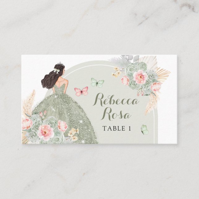 Tarjeta De Mesa Boho Sage Green Rubor Pink Quinceañera (Anverso)