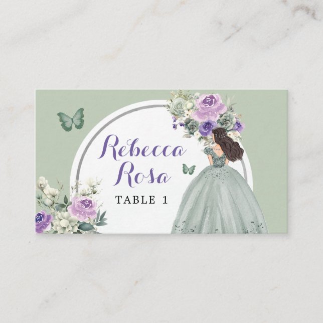 Tarjeta De Mesa Boho Sage Purple Princess Quinceañera Floral (Anverso)