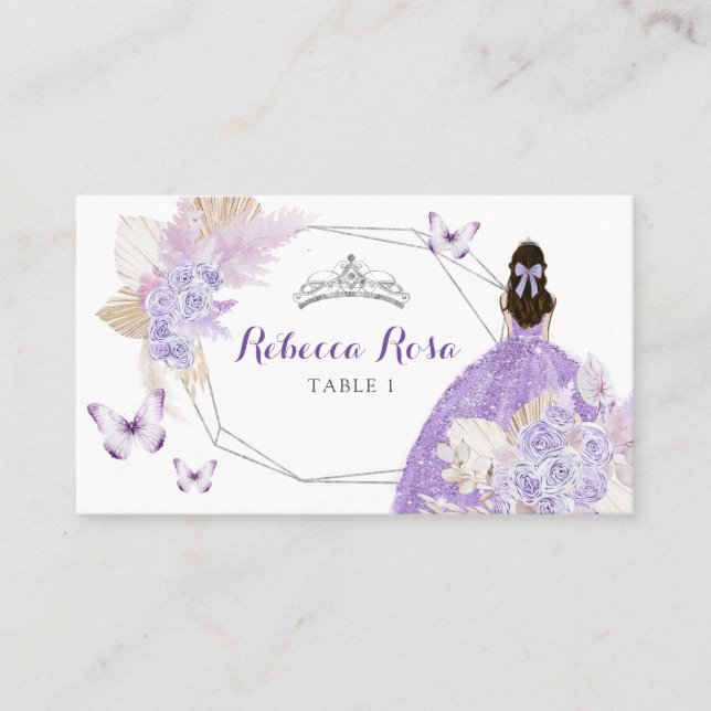 Tarjeta De Mesa Boho Silver Lilac Floral Butterfly Quinceañera (Anverso)