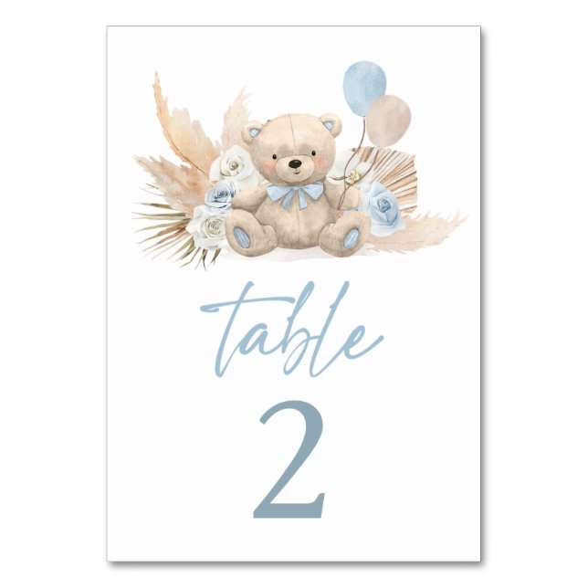 Tarjeta De Mesa Boho Teddy Bear Boy Blue Bearly Wait Baby Shower (Anverso)