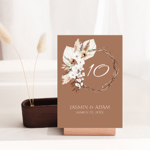 Tarjeta De Mesa Boho Terracotta Brown Dried Floral Wreath Boda