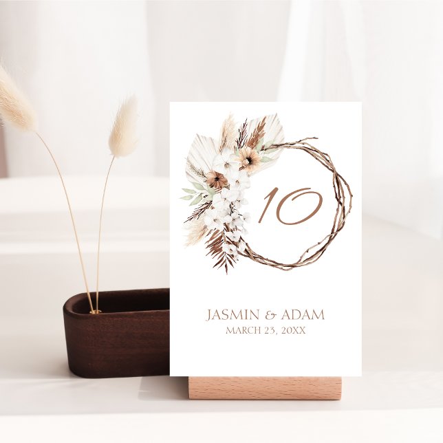 Tarjeta De Mesa Boho Terracotta Brown Dried Floral Wreath Boda (Boho Terracotta Brown Dried Floral Wreath Wedding Table Number)