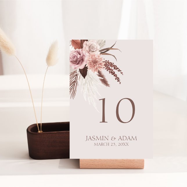 Tarjeta De Mesa Boho Terracotta Pampas Boda de Grass Floral (Boho Dusty Pink Dried Flowers Pampas Grass Wedding Table Number)