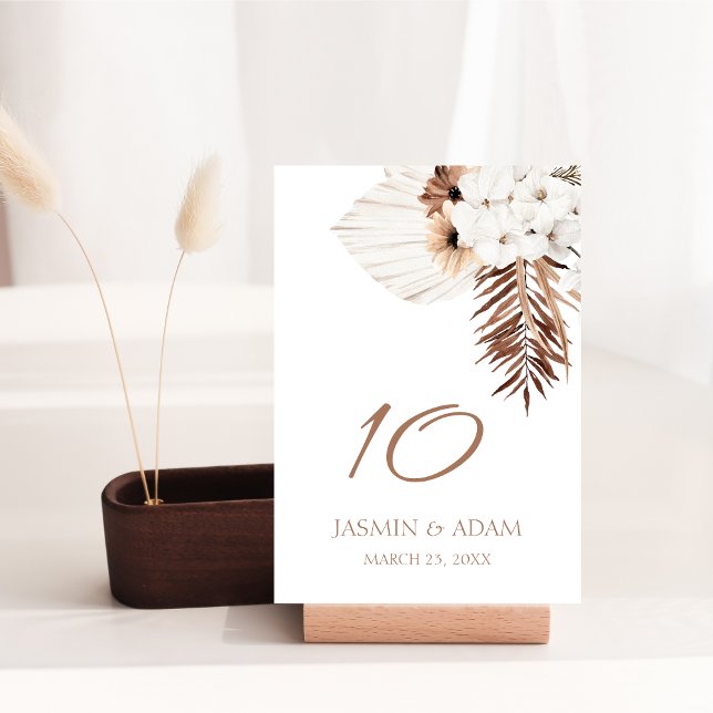 Tarjeta De Mesa Boho Terracotta Pampas Boda de orquídeas de hierba (Boho Terracotta Brown Pampas Grass Floral Wedding Table Number)