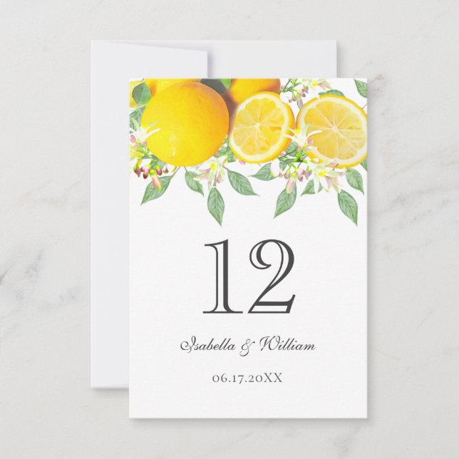 Tarjeta de mesa Boho Watercolor Lemon Boda (Anverso)