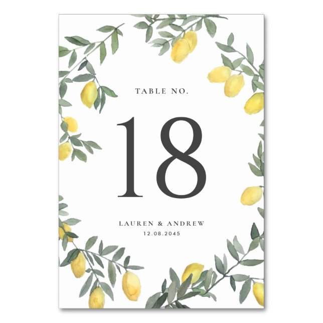 Tarjeta De Mesa Boho Watercolor Lemon Wreath Boda (Anverso)
