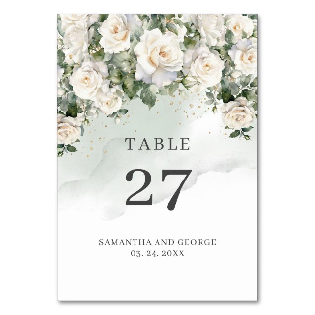 Tarjeta De Mesa Boho White Roses Floral Garden y oro (Anverso)