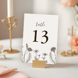 Tarjeta De Mesa Boho Wildflower Line Art Boda de Textura Blanca