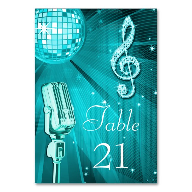 Tarjeta De Mesa Bola disco verde azulada y micrófono retro (Anverso)