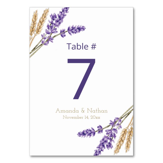 Tarjeta De Mesa Bonito Boda de Lavanda y Trigo (Anverso)