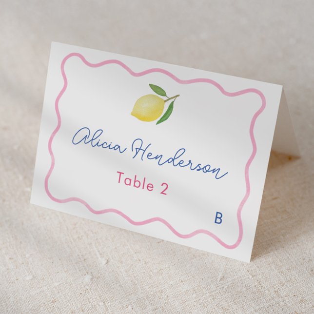 Tarjeta De Mesa Bonito Lemon Baby Shower Place Card (Trendy pink wavy border with lemon and pretty pink tiles baby shower individual place card design)