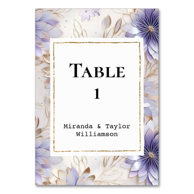 Tarjeta De Mesa Bonito Púrpura Pearl Gold Boda Floral (Anverso)